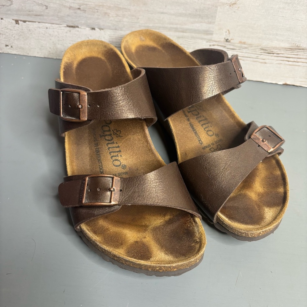 Papillio Dorothy Women’s Brown Leather Cork Wedge Slip-on Buckle Sz8